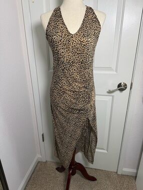 Leopard Print V-Neck Slip Dress in Tan and Black